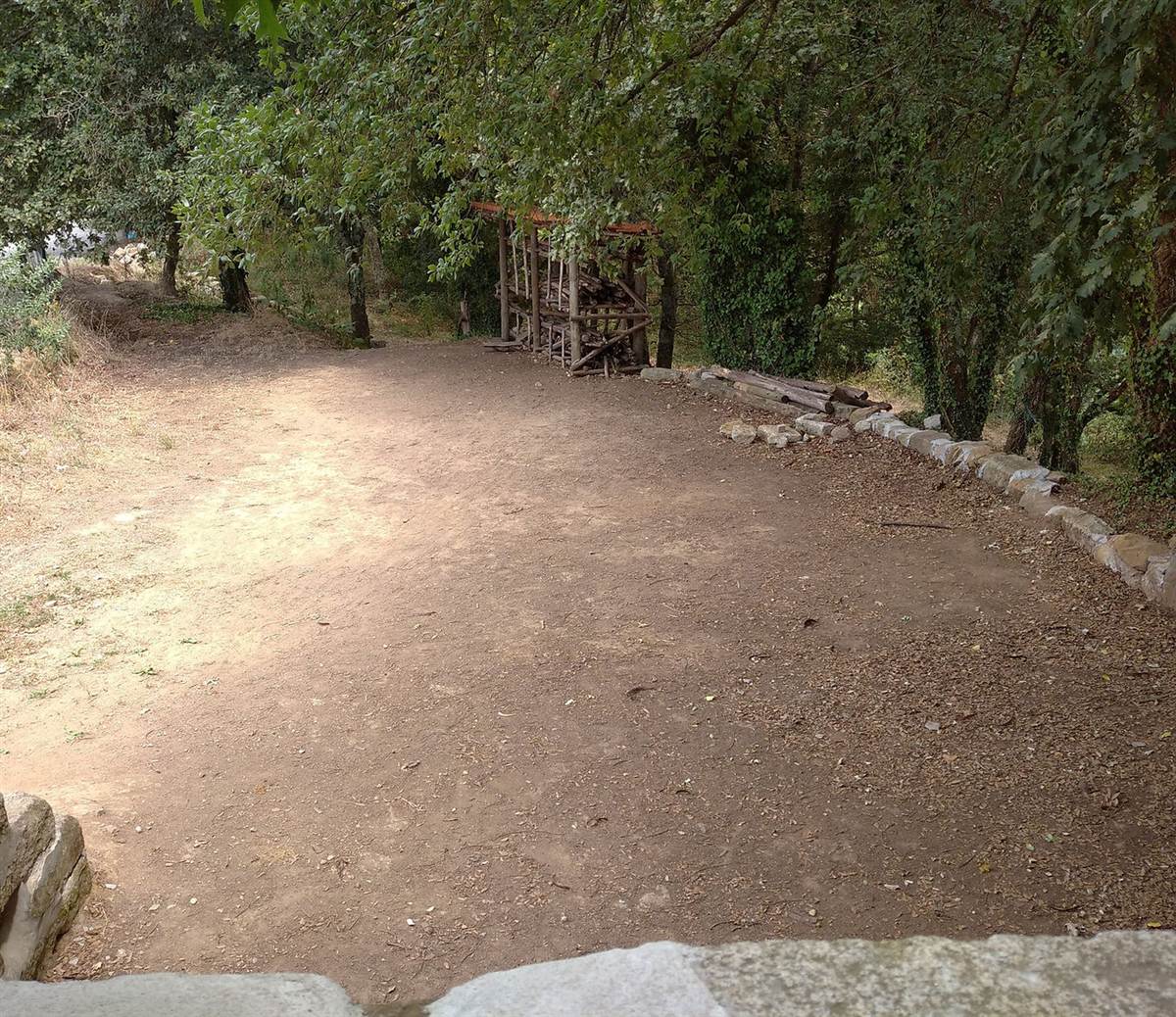 Área de acampamento em terra batida, à sombra das árvores